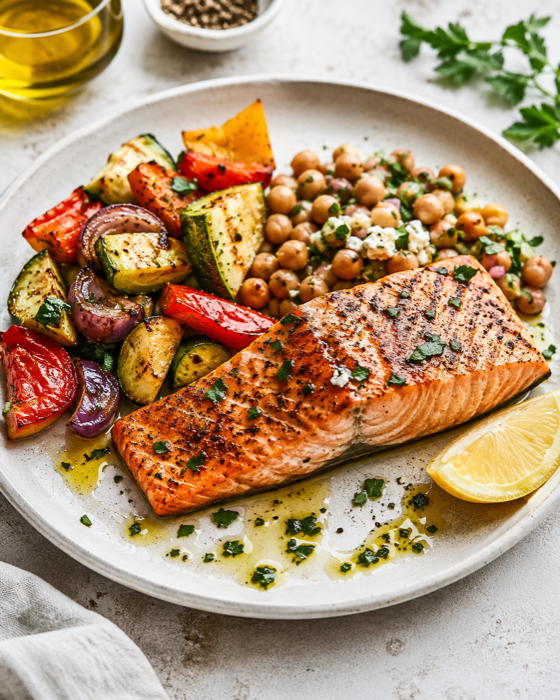Plato mediterráneo con salmón, vegetales asados y garbanzos — dieta cardiosaludable